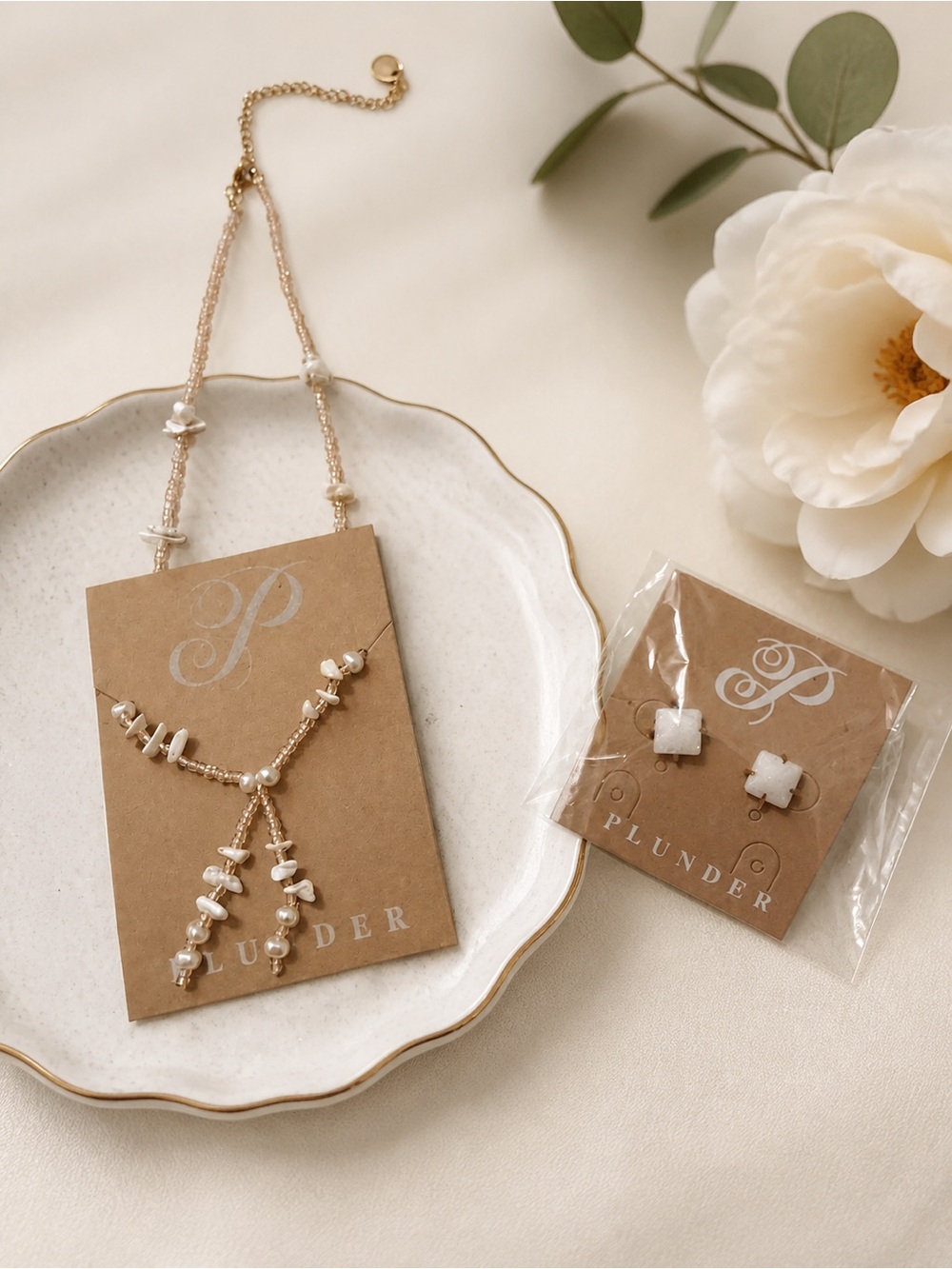 Plunder Cream Pearl Accent Gold Necklace and Earrings Set
